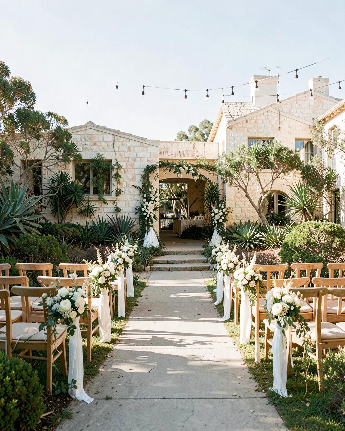 Coastal stone wedding venue prepared for a ceremony
